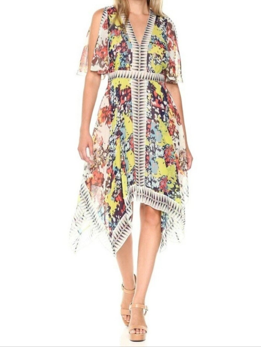 BCBGMAXAZRIA Women's Roselle Flutter Sleeve Woven Printed Dress